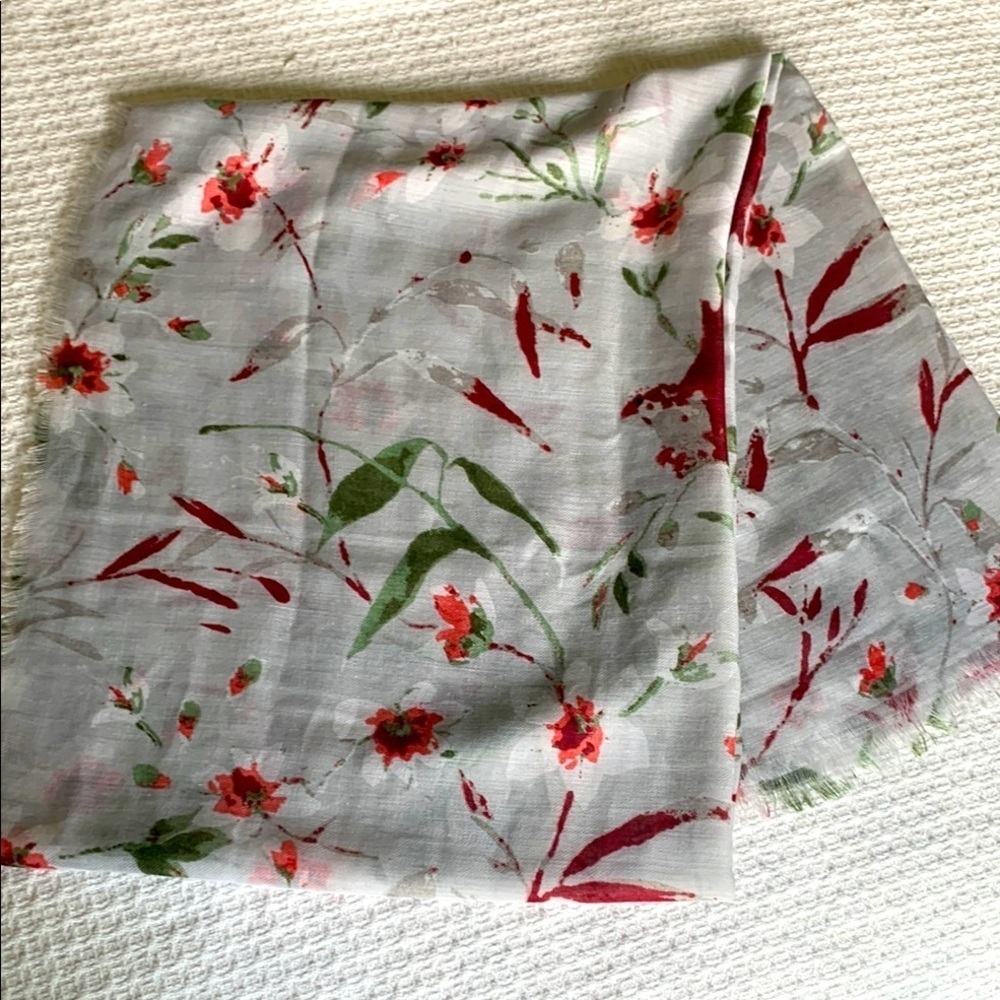 Gray floral and bird, print, scarf, gauzy and lightweight